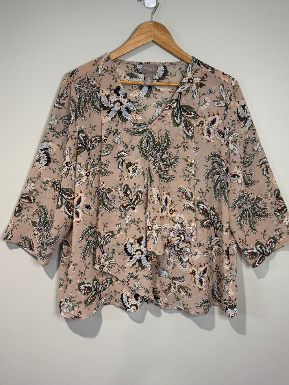 Chico's Blush Paisley Party Draped Front Floral Blouse Boho Flowy Artsy Size L/2